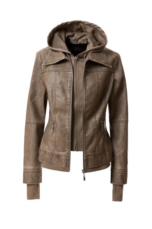Women's Hooded Leather Jacket
