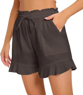 Womens Linen Shorts Summer Casual High Wasited Ruffle Wide Leg Drawstring Beach Loose Shorts