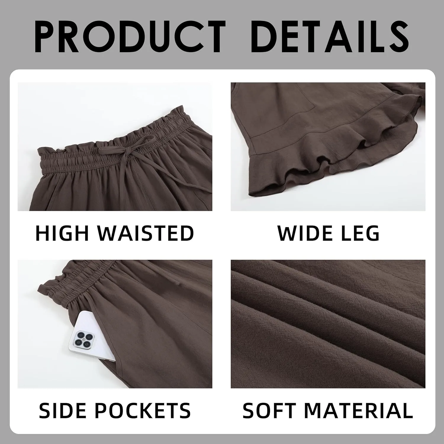 Womens Linen Shorts Summer Casual High Wasited Ruffle Wide Leg Drawstring Beach Loose Shorts