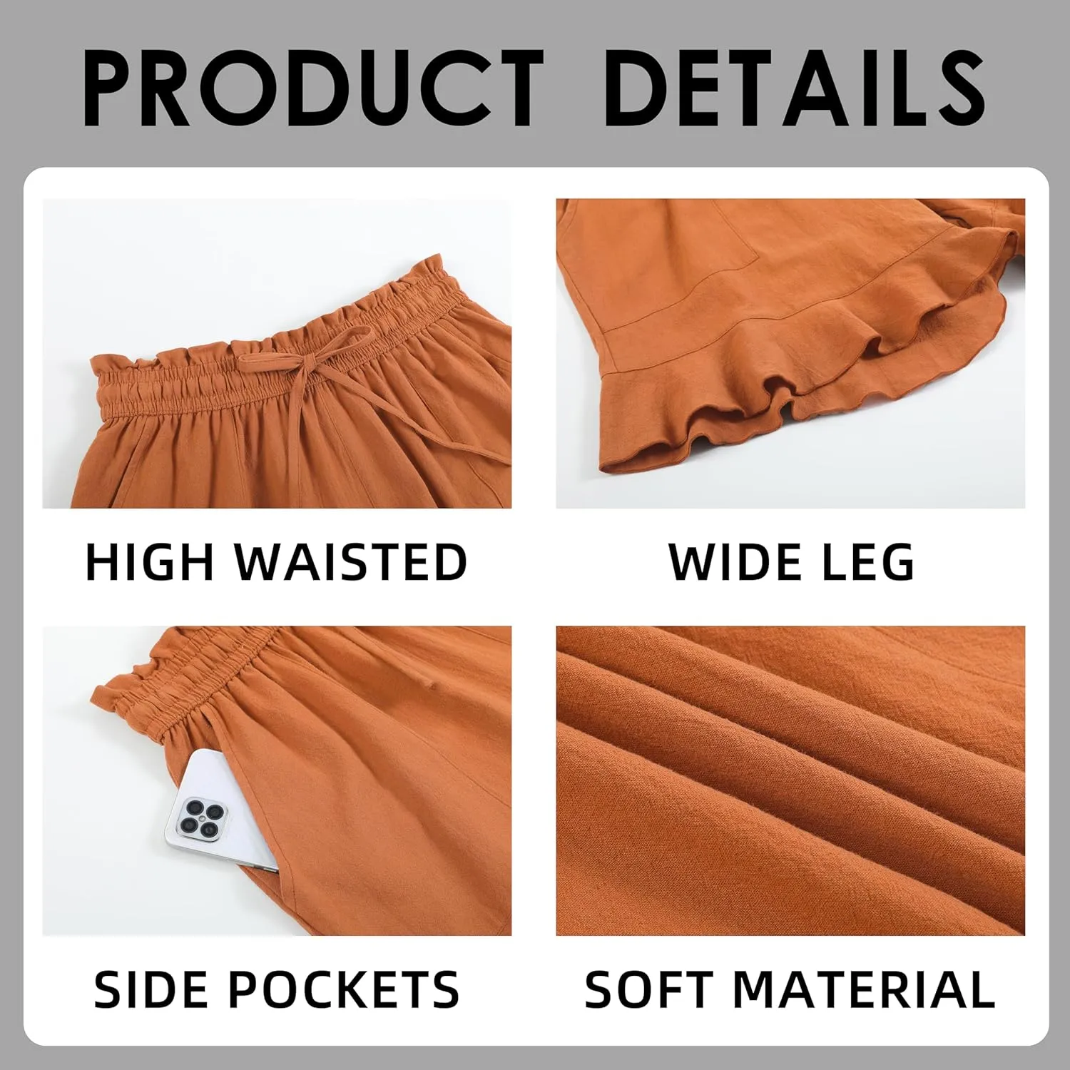 Womens Linen Shorts Summer Casual High Wasited Ruffle Wide Leg Drawstring Beach Loose Shorts