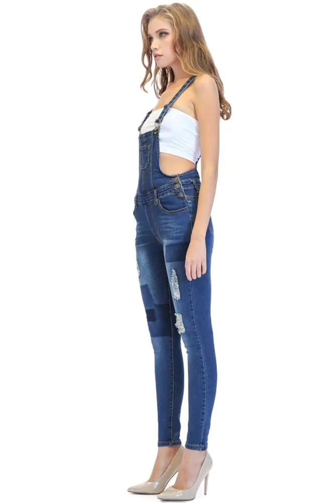 Women's Patched & Distressed Skinny Overalls