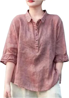 Womens Plus Size Tops Turndown Collar Button Up Half Sleeves Vintage T-Shirts Solid Color Lightweight Outdoor Tees