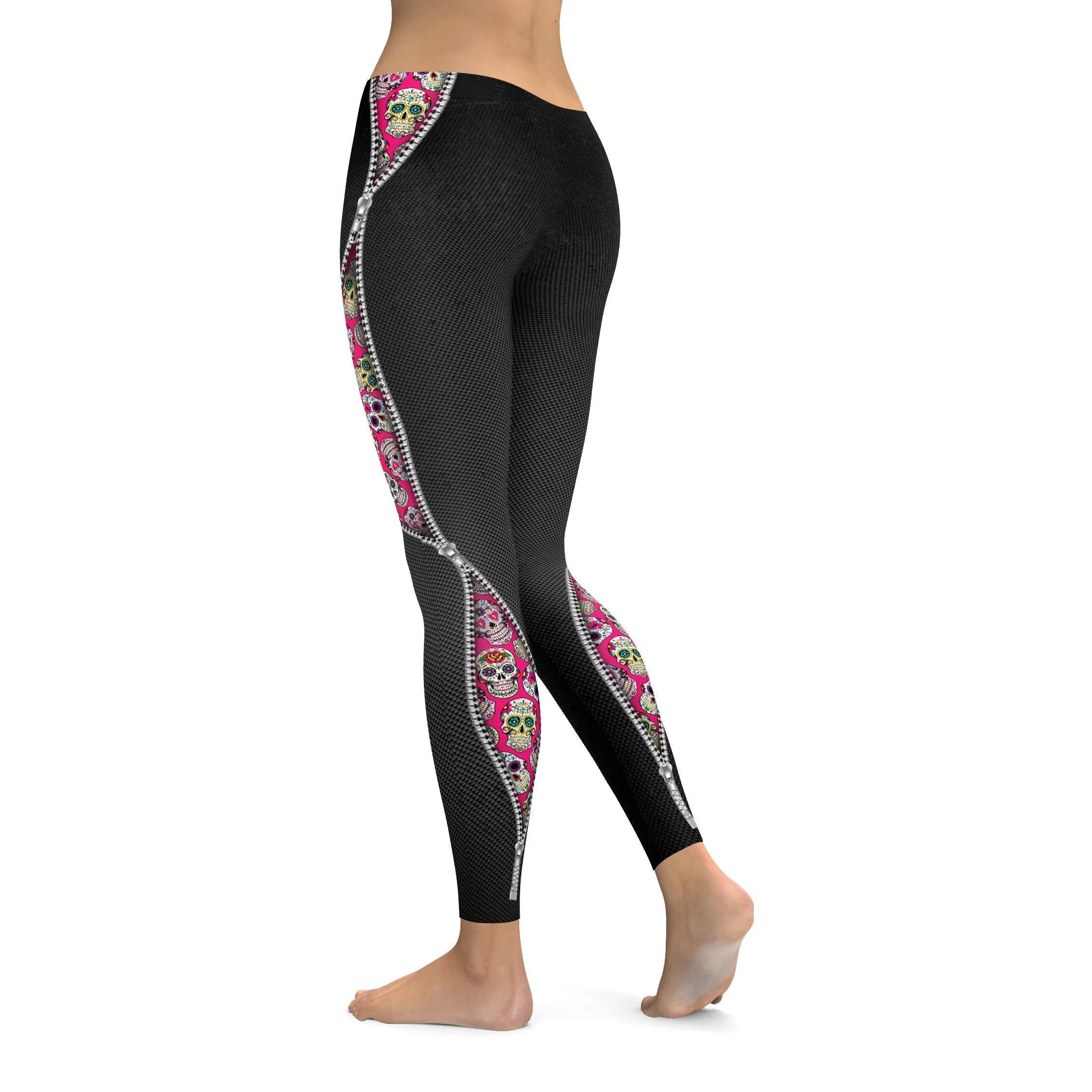 Zippered Pink Sugar Skull Leggings
