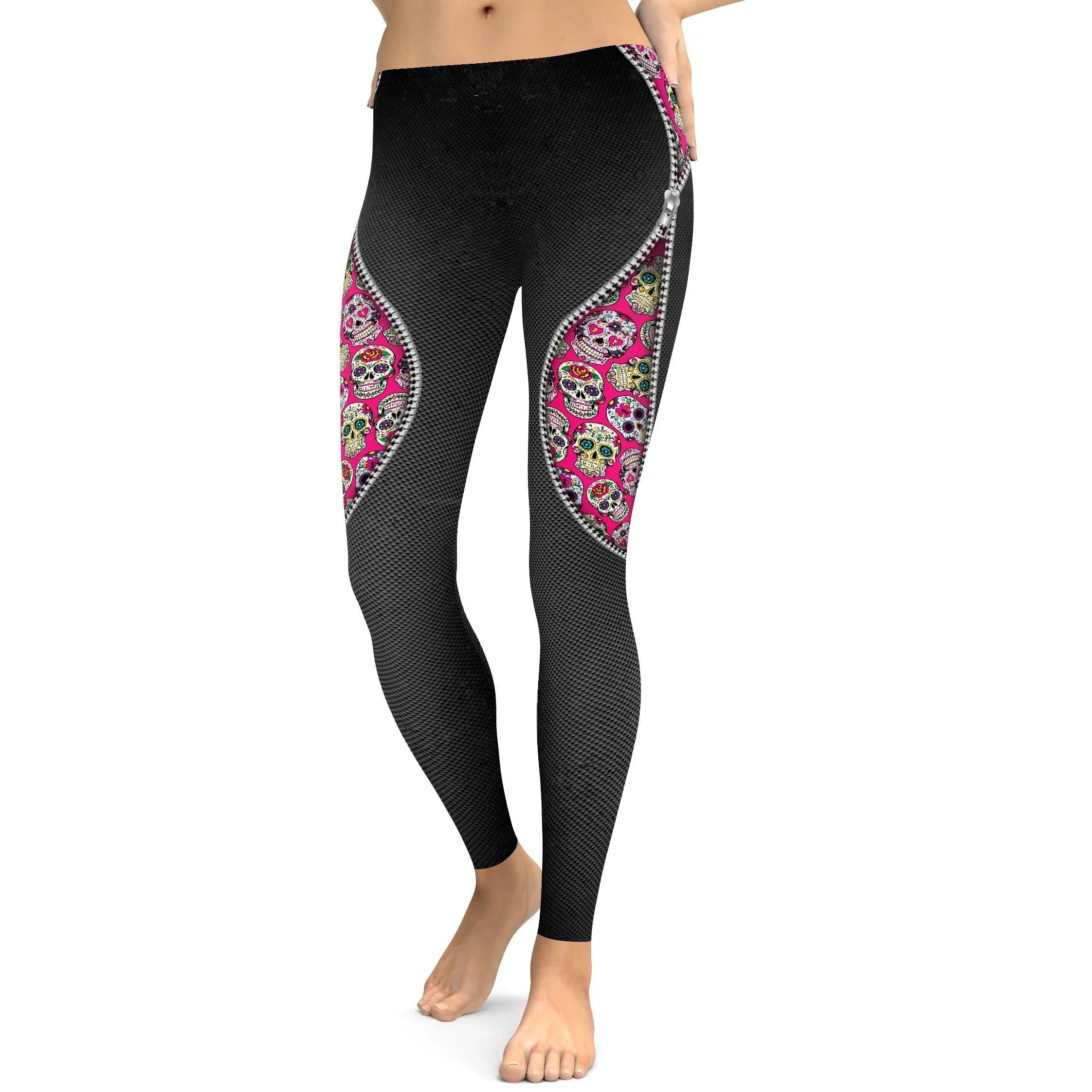 Zippered Pink Sugar Skull Leggings