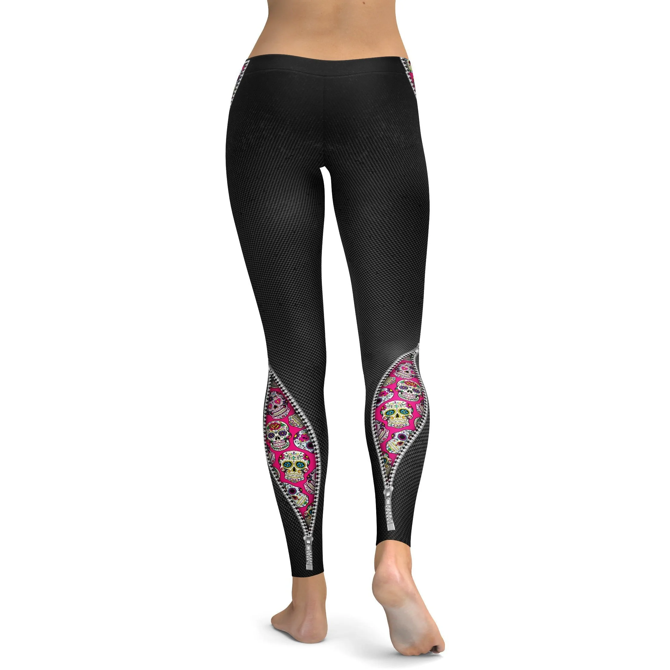 Zippered Pink Sugar Skull Leggings