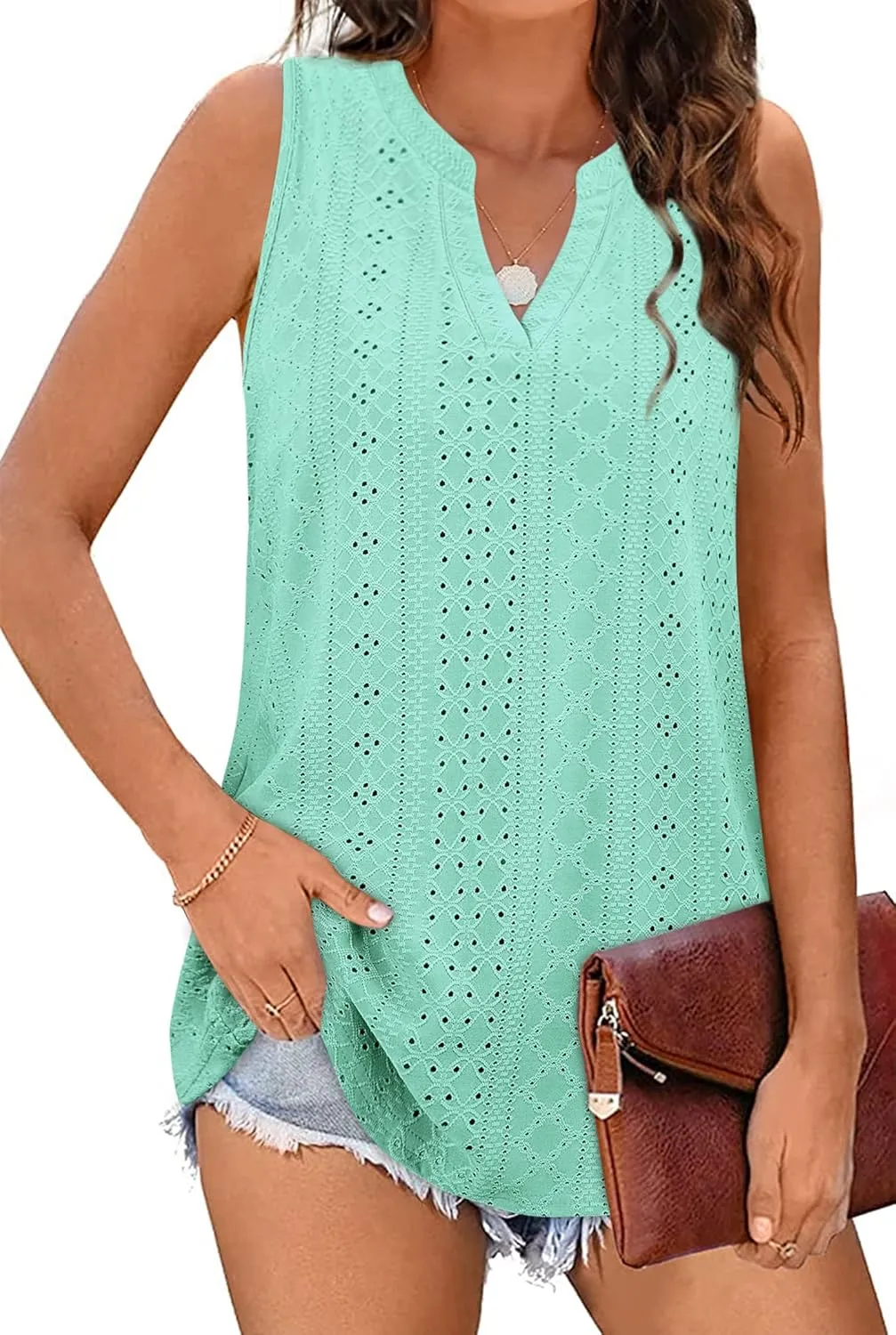 Zwurew Tank Top for Women Loose Fit Sleeveless V Neck Camisole Tops Dressy Casual Eyelet Summer Flowy Cami Shirts Blouse
