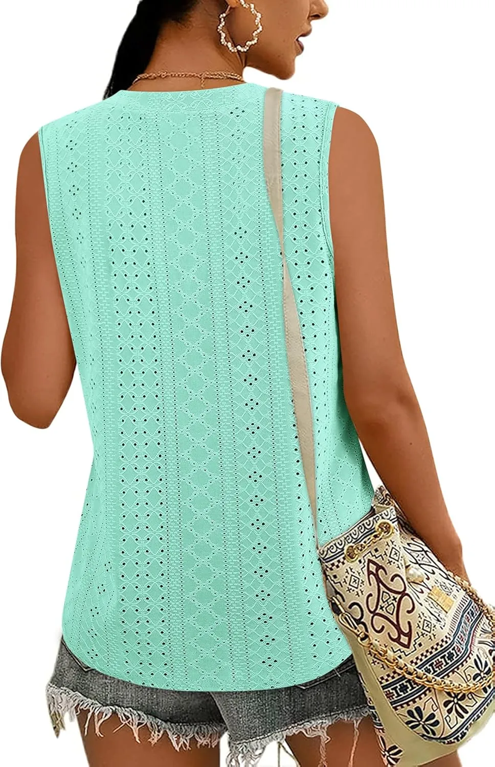 Zwurew Tank Top for Women Loose Fit Sleeveless V Neck Camisole Tops Dressy Casual Eyelet Summer Flowy Cami Shirts Blouse