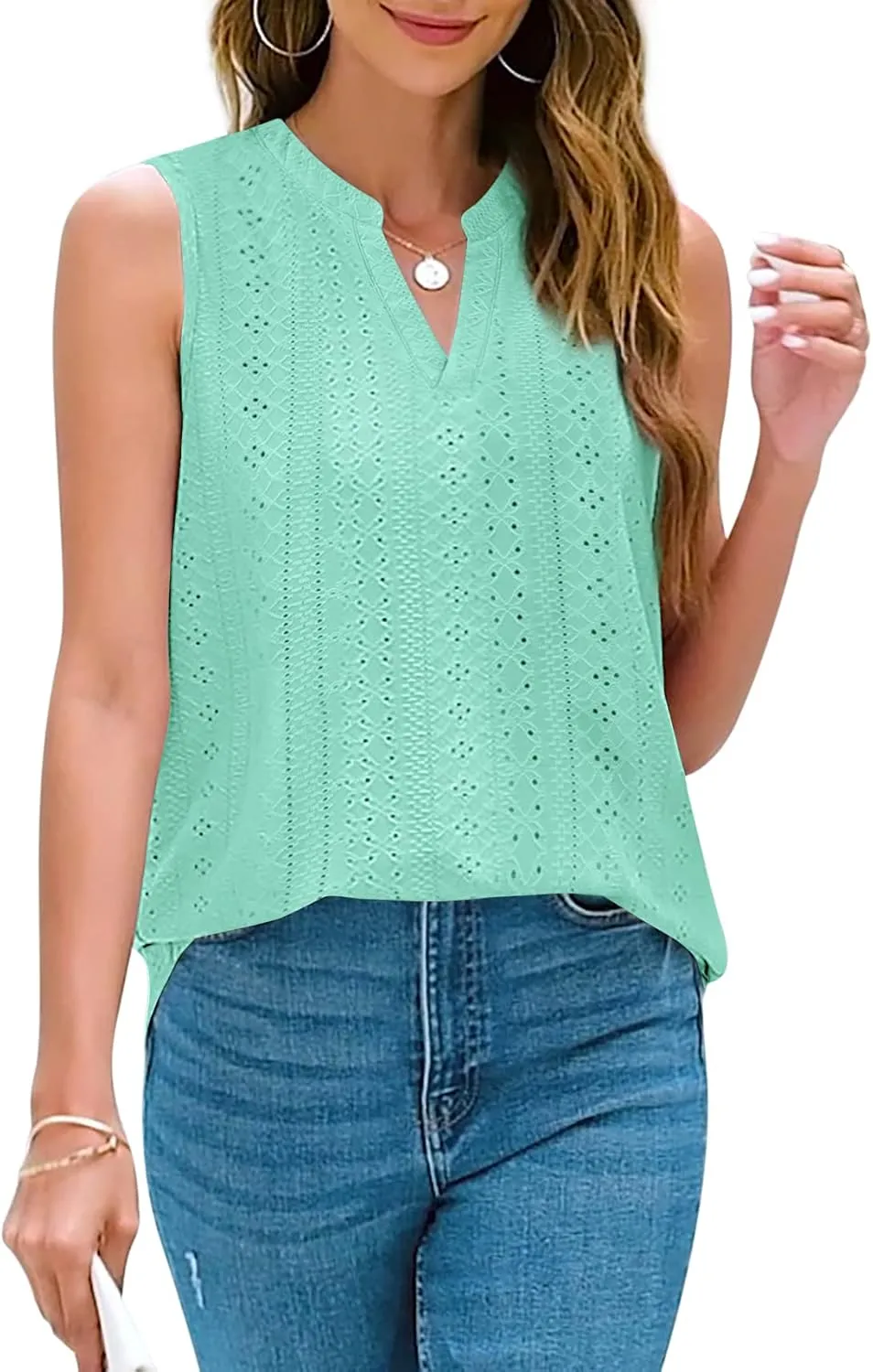 Zwurew Tank Top for Women Loose Fit Sleeveless V Neck Camisole Tops Dressy Casual Eyelet Summer Flowy Cami Shirts Blouse
